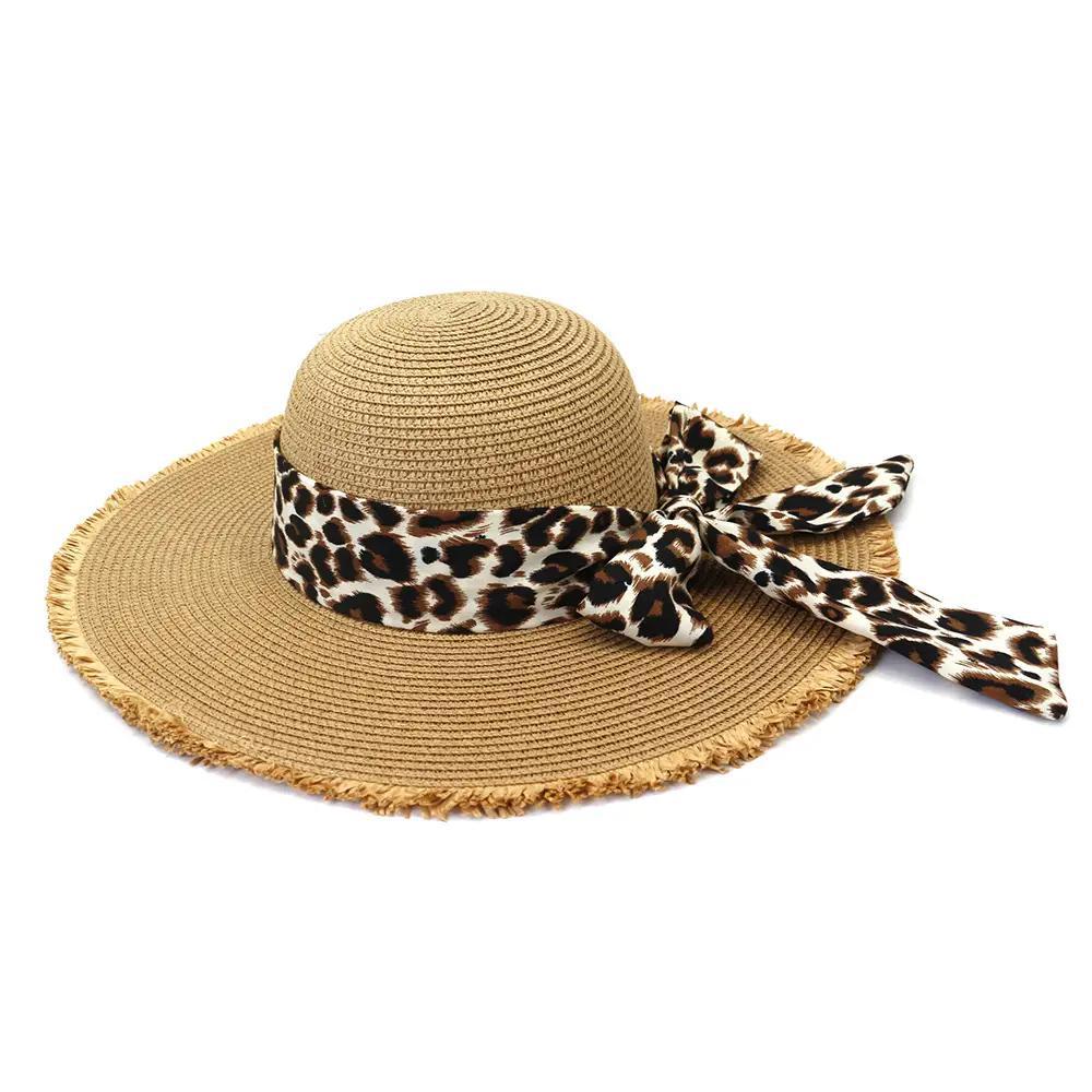 Raw Edge Sun Hat with Leopard Ribbon