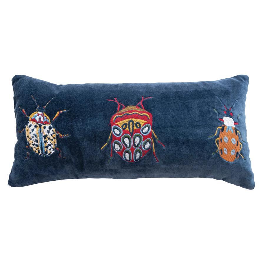 Cotton Velvet Embroidered Lumbar Pillow with Beetles