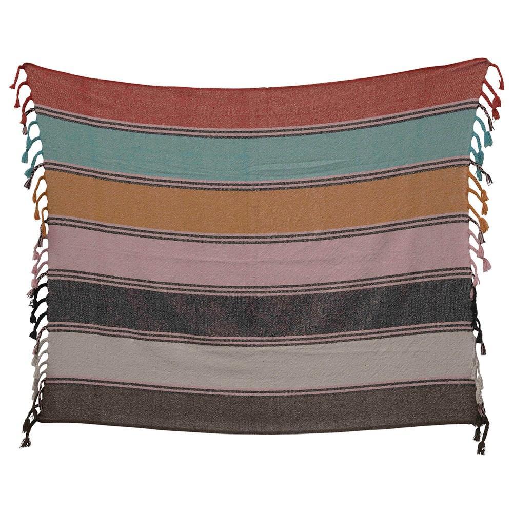 Cotton Blend Striped Throw with Braided Fringe