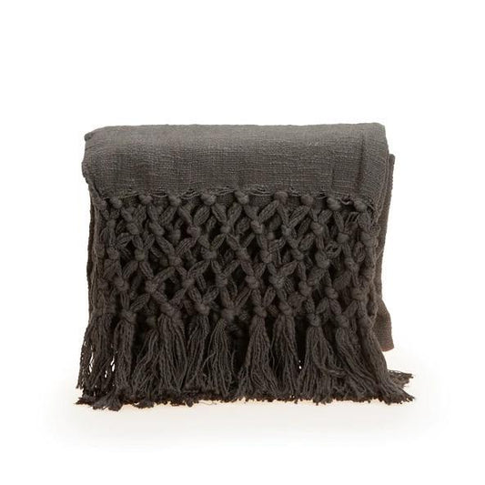 Charcoal Grey Woven Throw with Crochet & Fringe