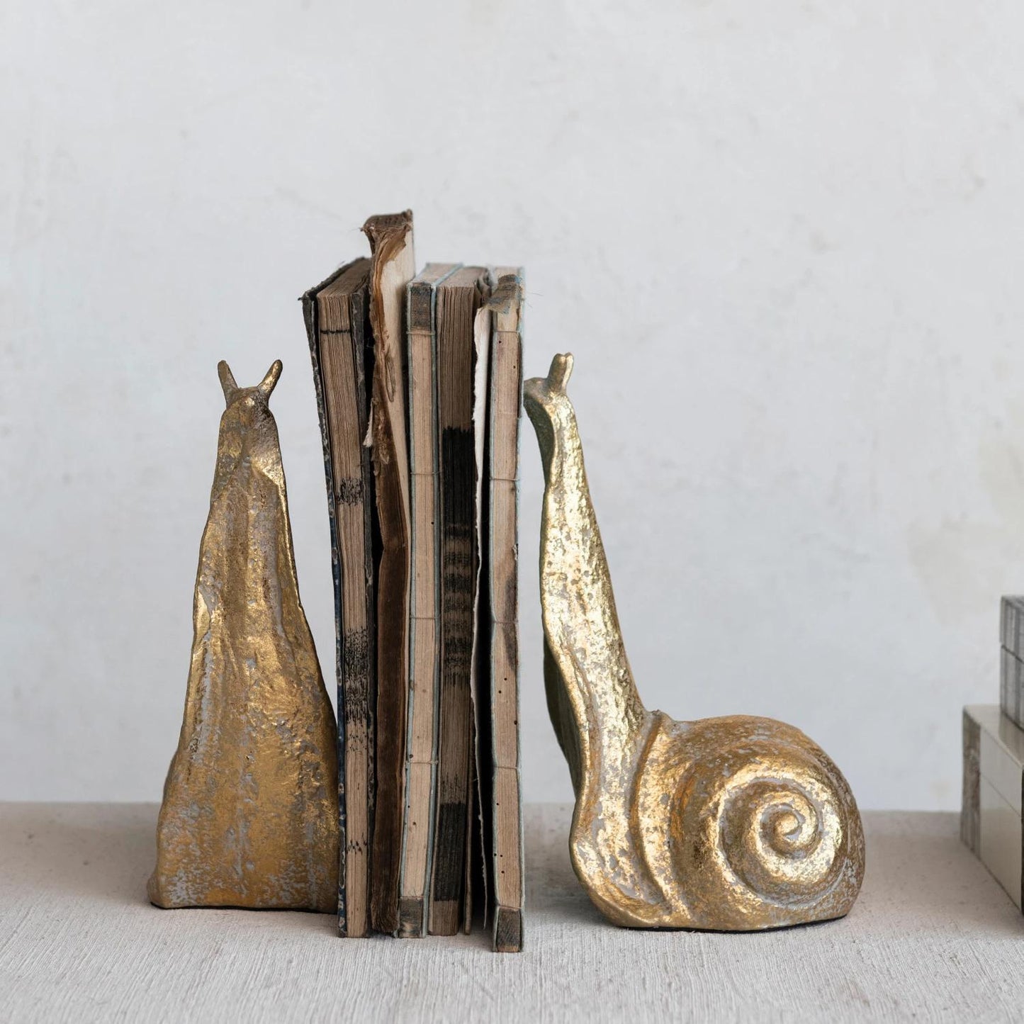 Cast Iron Snail Bookends with Distressed Gold Finish