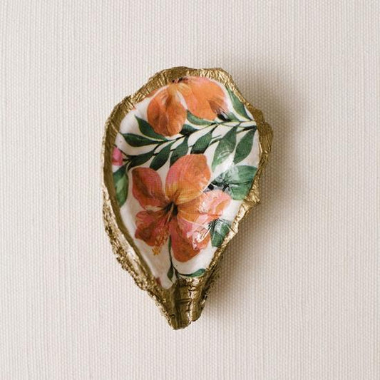 Oyster Shell Jewelry Dish - Tropical Hibiscus