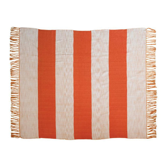 Woven Cotton Throw with Stripes and Fringe