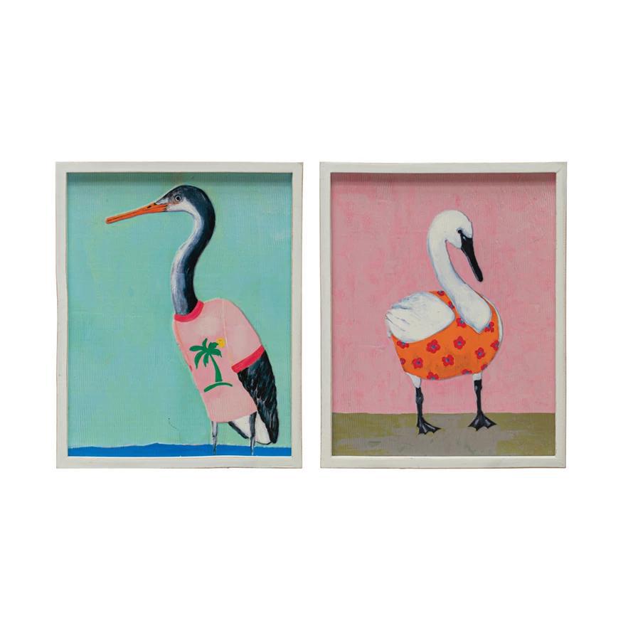 Wood Framed Wall Decor with Bird in Clothes